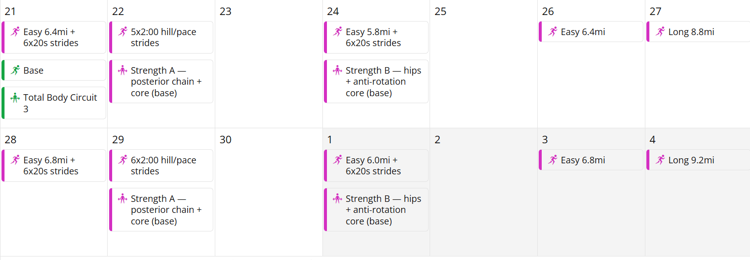 Garmin Connect calendar showing two generated training weeks: easy runs with strides, hill and pace strides, Strength A and Strength B, and Sunday long runs