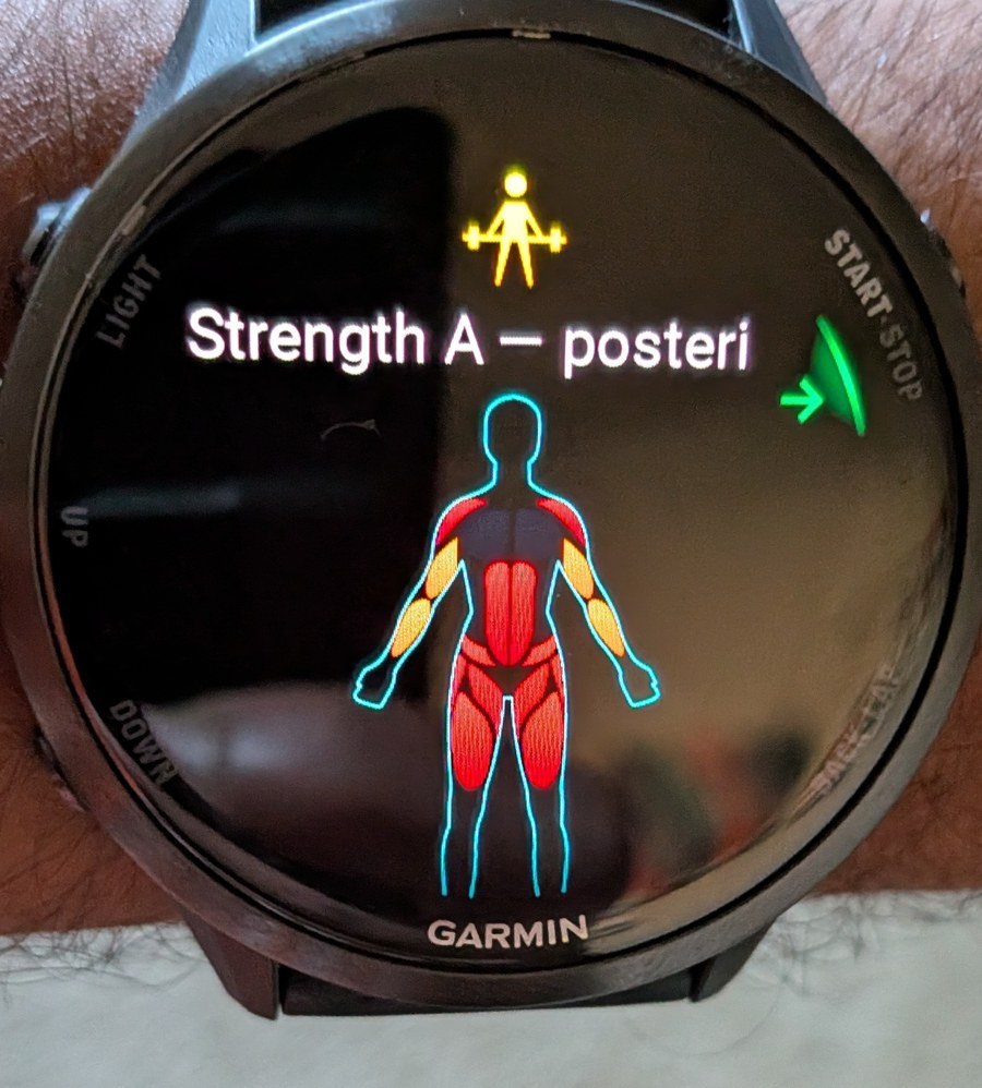 Generated Strength A session loaded on a Garmin watch, showing the targeted muscle groups
