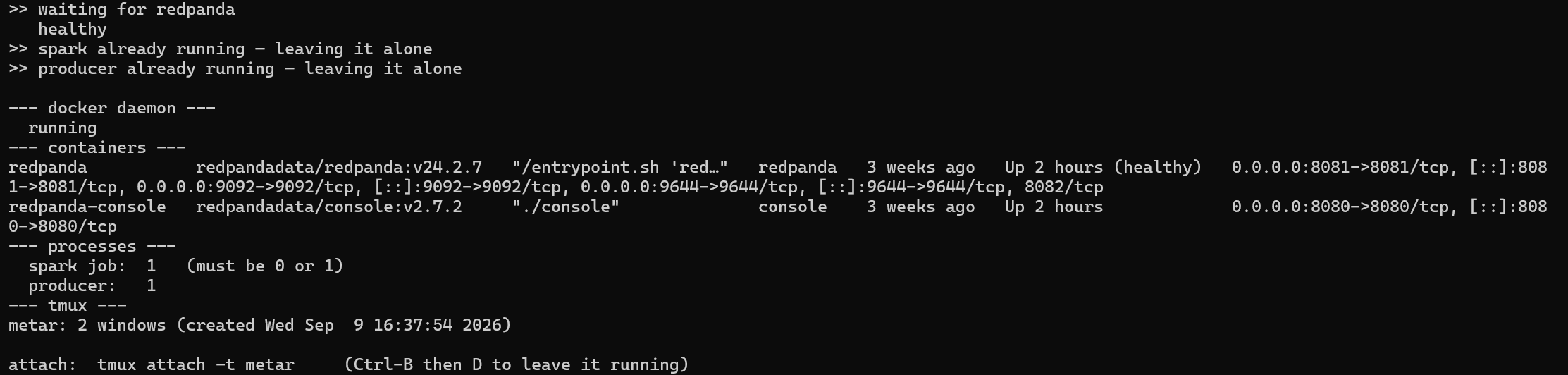 Terminal: start.sh supervisor showing container health, process counts and tmux session